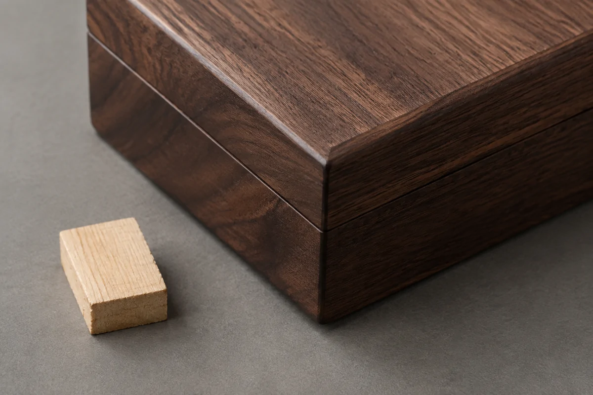 Dark wood box corner beside a pale wood sample