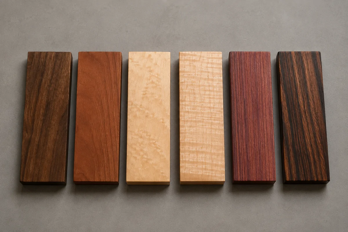 Six illustrative wood samples in dark, warm and figured finishes