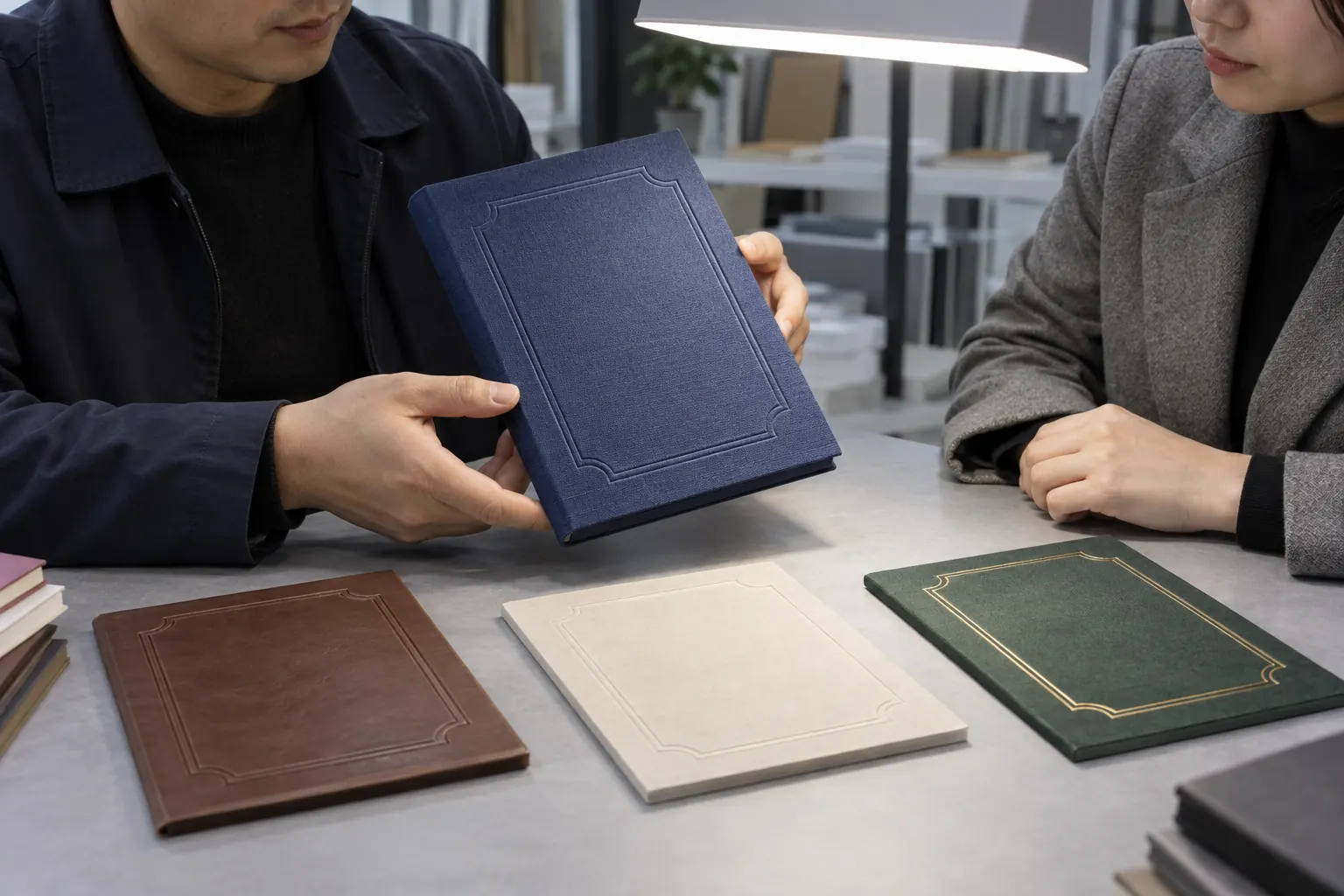 Print professionals reviewing embossed, debossed, and foil Bible-cover samples under inspection light