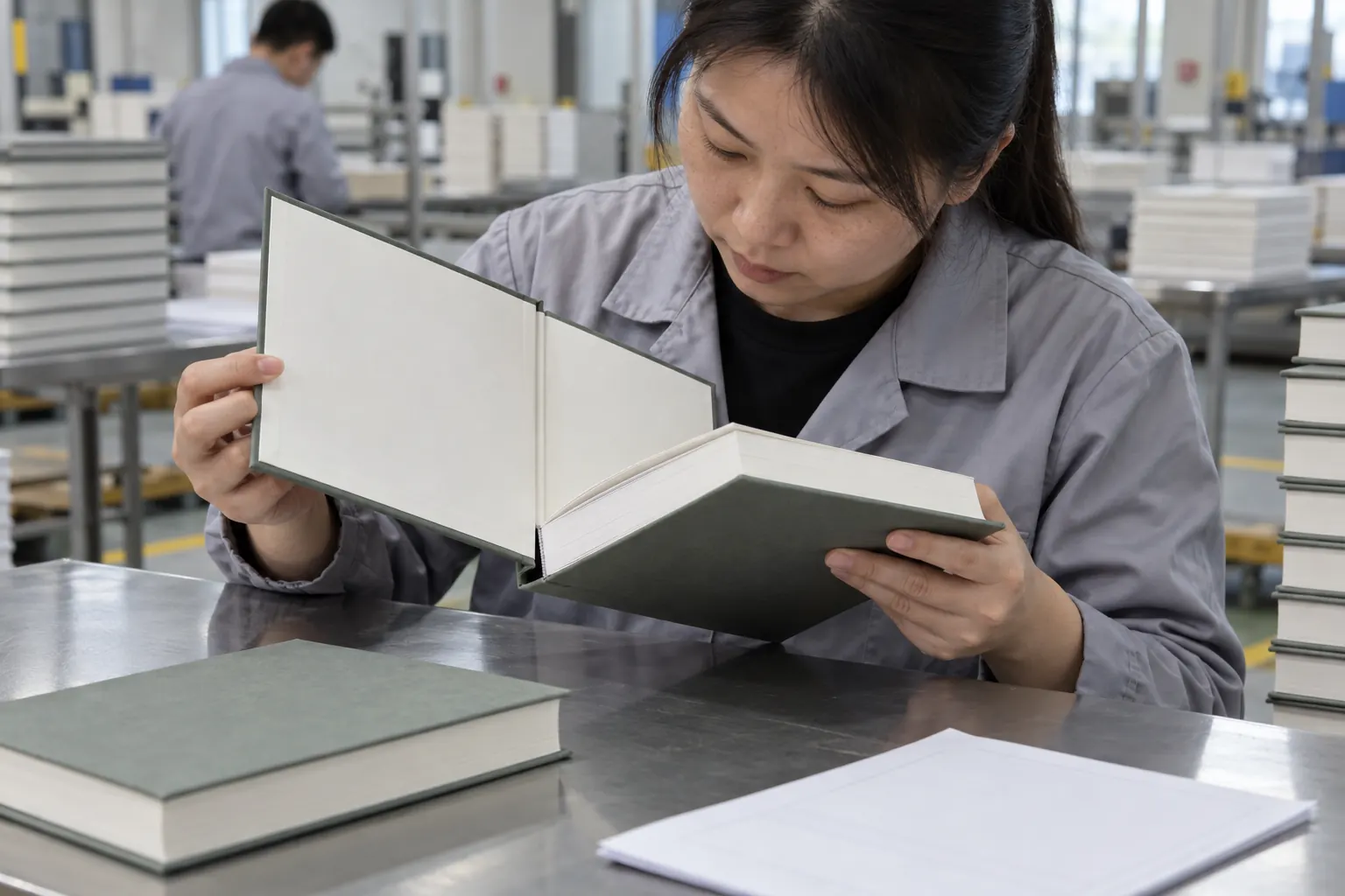 Quality-control technician inspecting the hinge and alignment of a casebound book sample