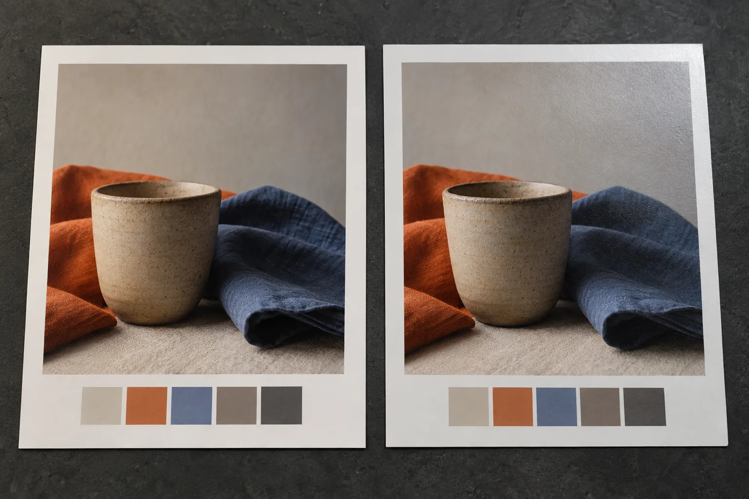 Two printed photo proofs of the same artwork compared on a sample desk