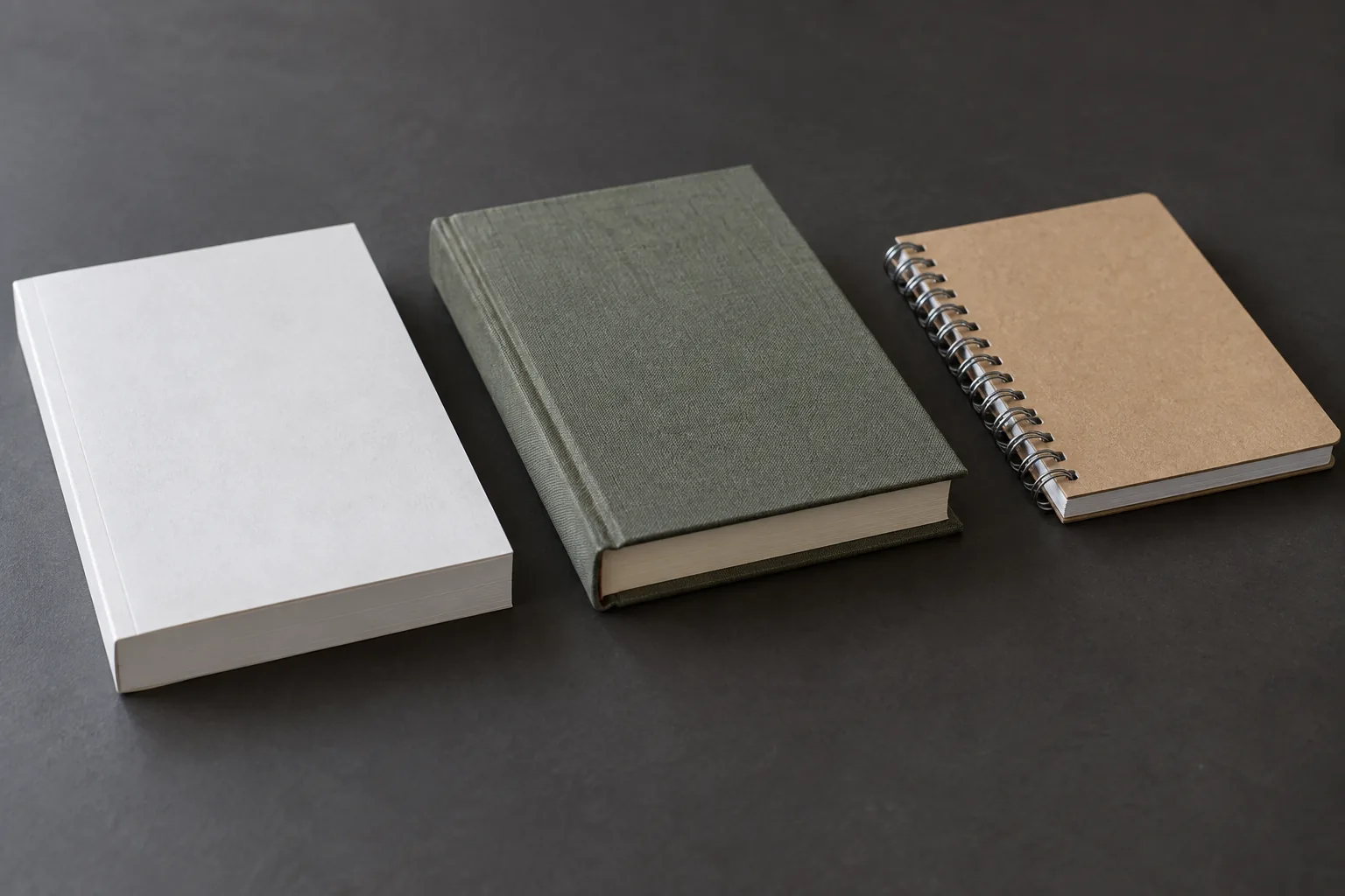Paperback, cloth hardcover and Wire-O notebook binding samples