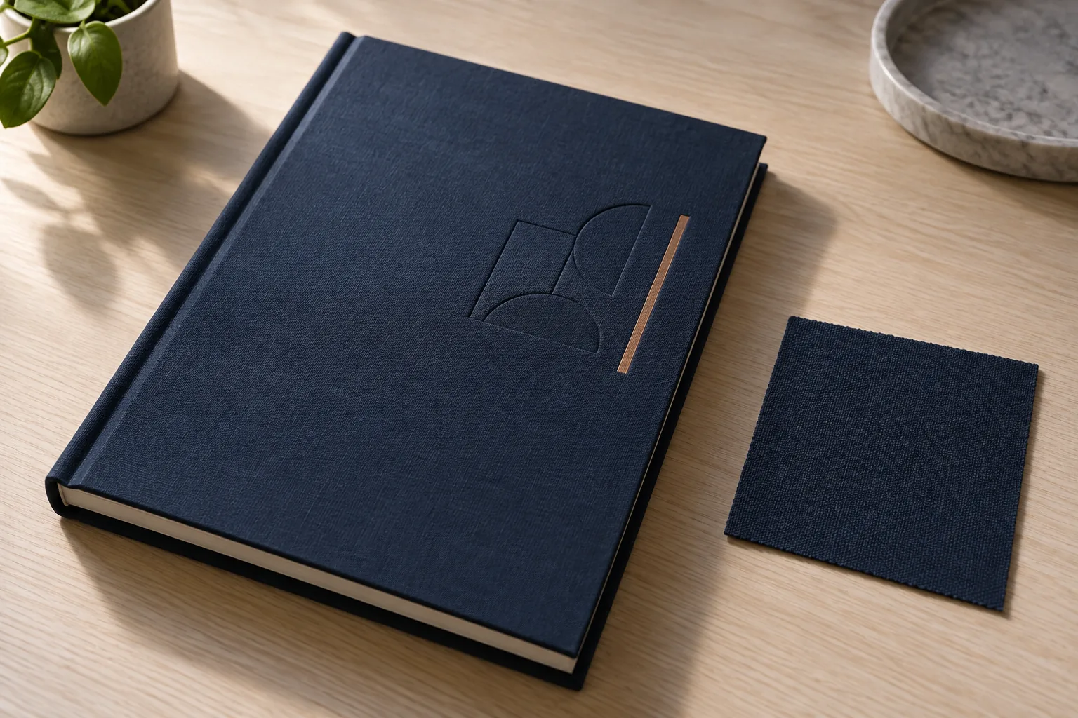 Blue cloth book cover with blind debossing and a narrow copper foil stripe