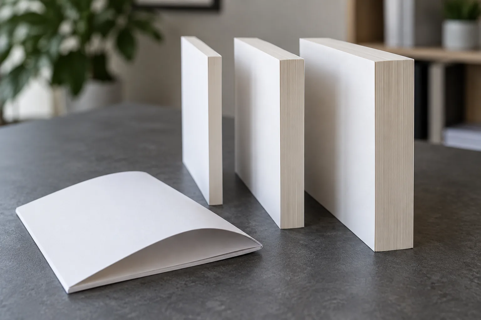 Three blank book dummies of different thicknesses beside a folded signature