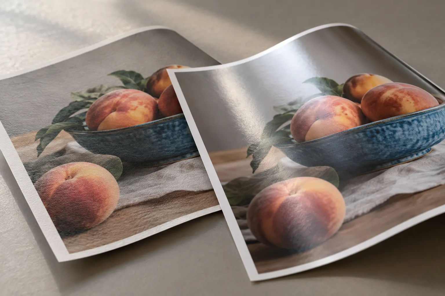 Two printed fruit photographs on paper with matte and reflective surfaces