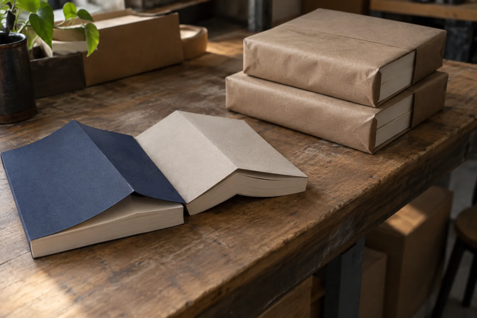 Two unbranded paperback samples beside wrapped book parcels