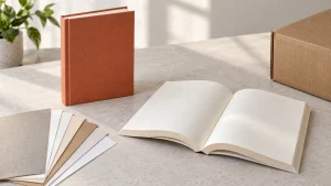 Unbranded hardcover, open paperback, paper swatches and carton on a sample table