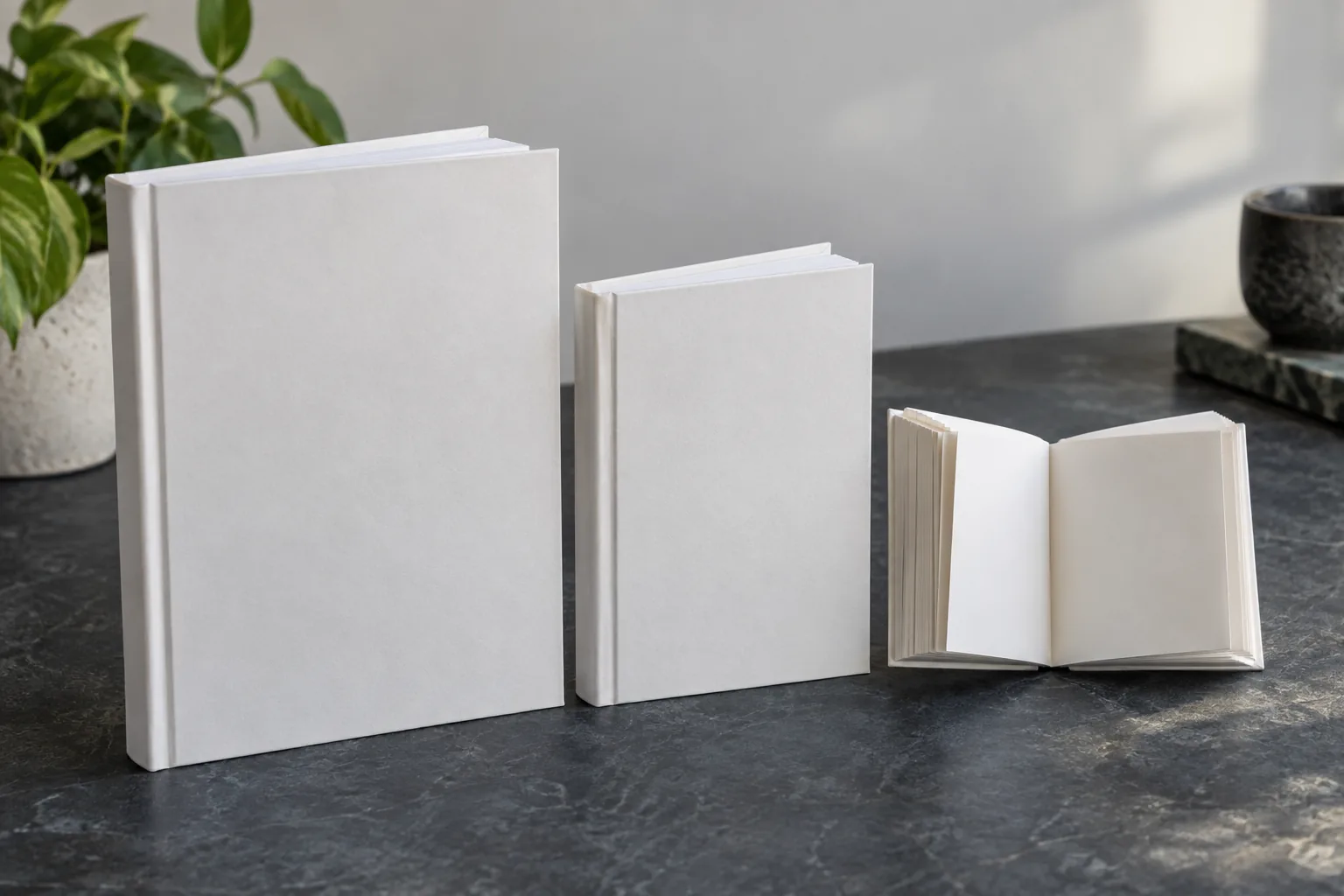 Three blank book dummies with different trim sizes and page thicknesses