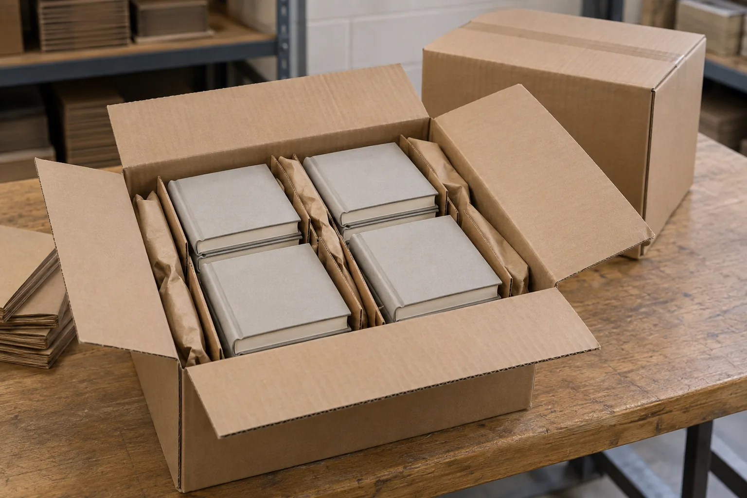 Plain hardback books separated by kraft-paper pads inside an open carton