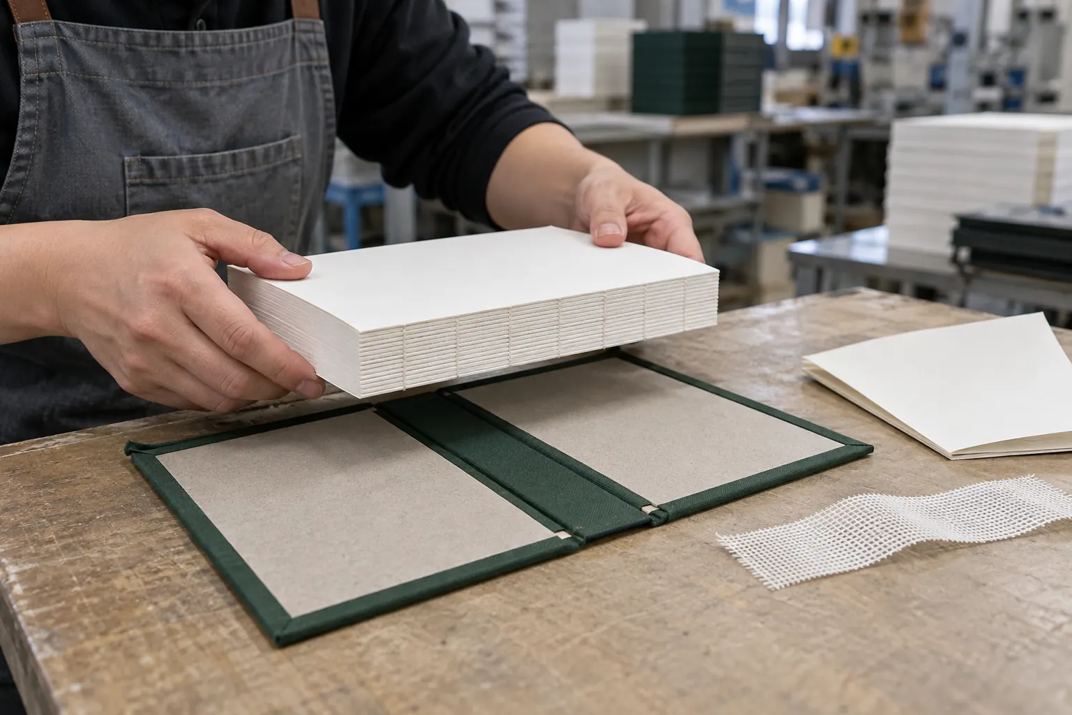 Technician aligning a sewn book block with an unfinished cloth-covered case