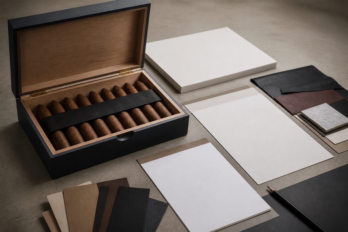 Unbranded cigar packaging project brief beside a closed presentation box
