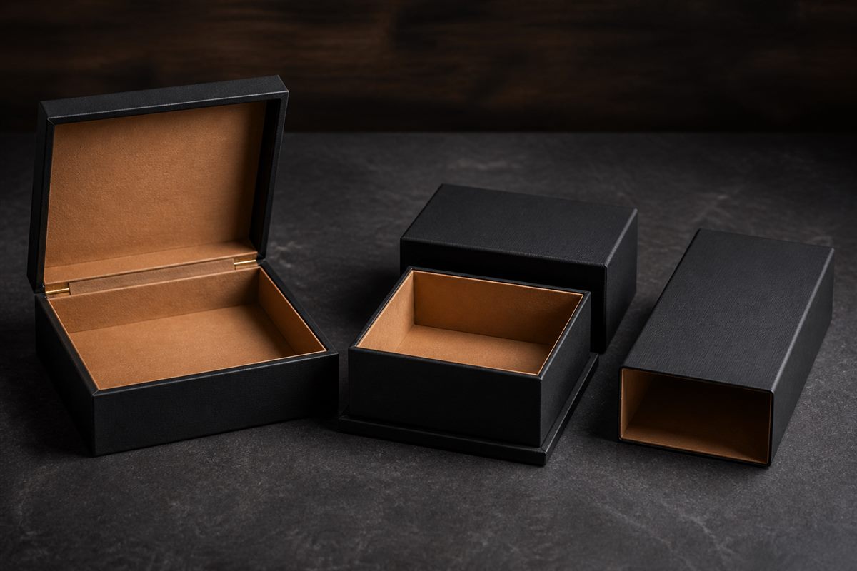 Several unbranded cigar packaging formats arranged for comparison