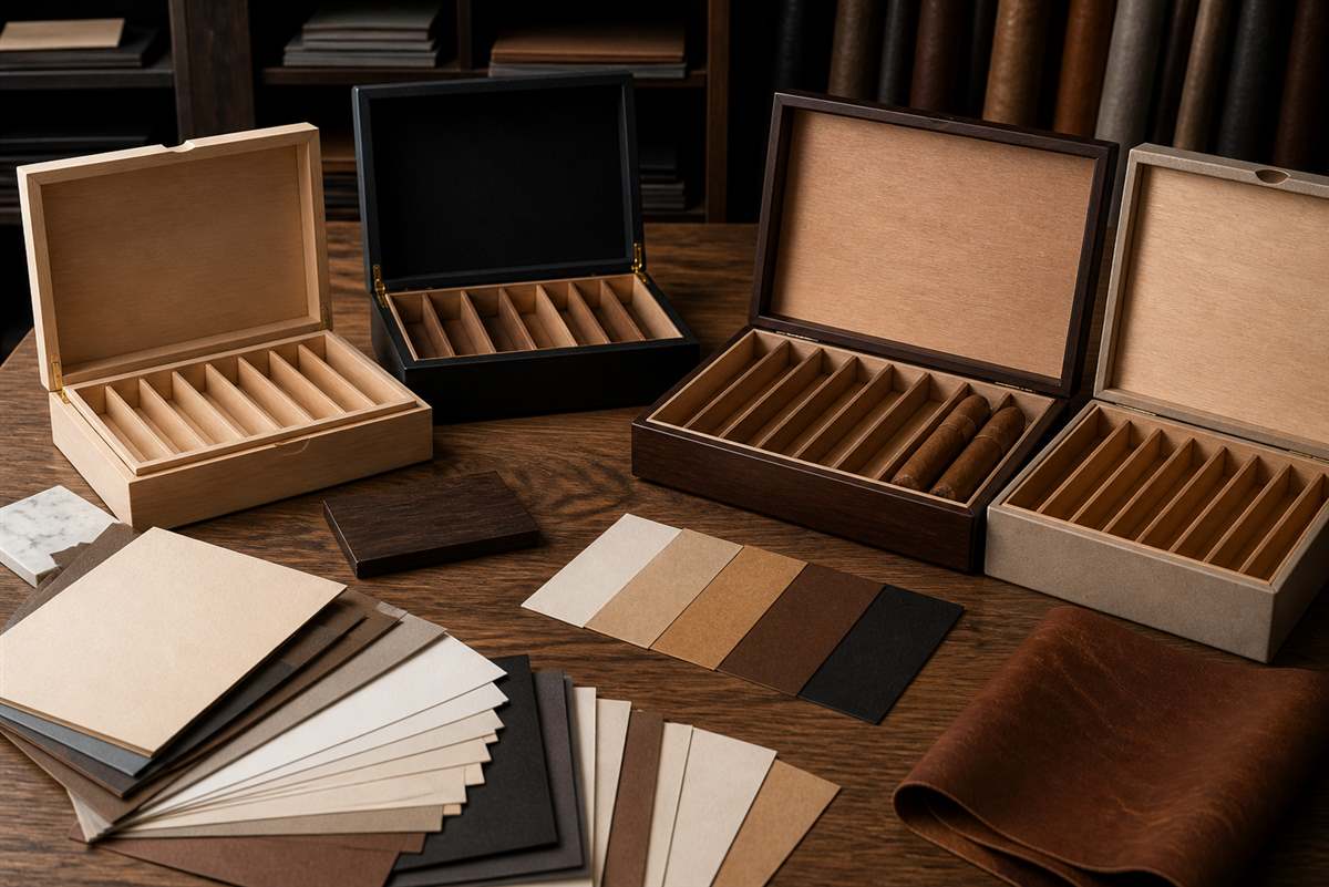 Surface swatches and unbranded cigar packaging samples compared under studio light