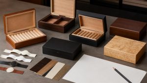 Unbranded cigar box packaging concepts, material swatches, and a design brief arranged for review