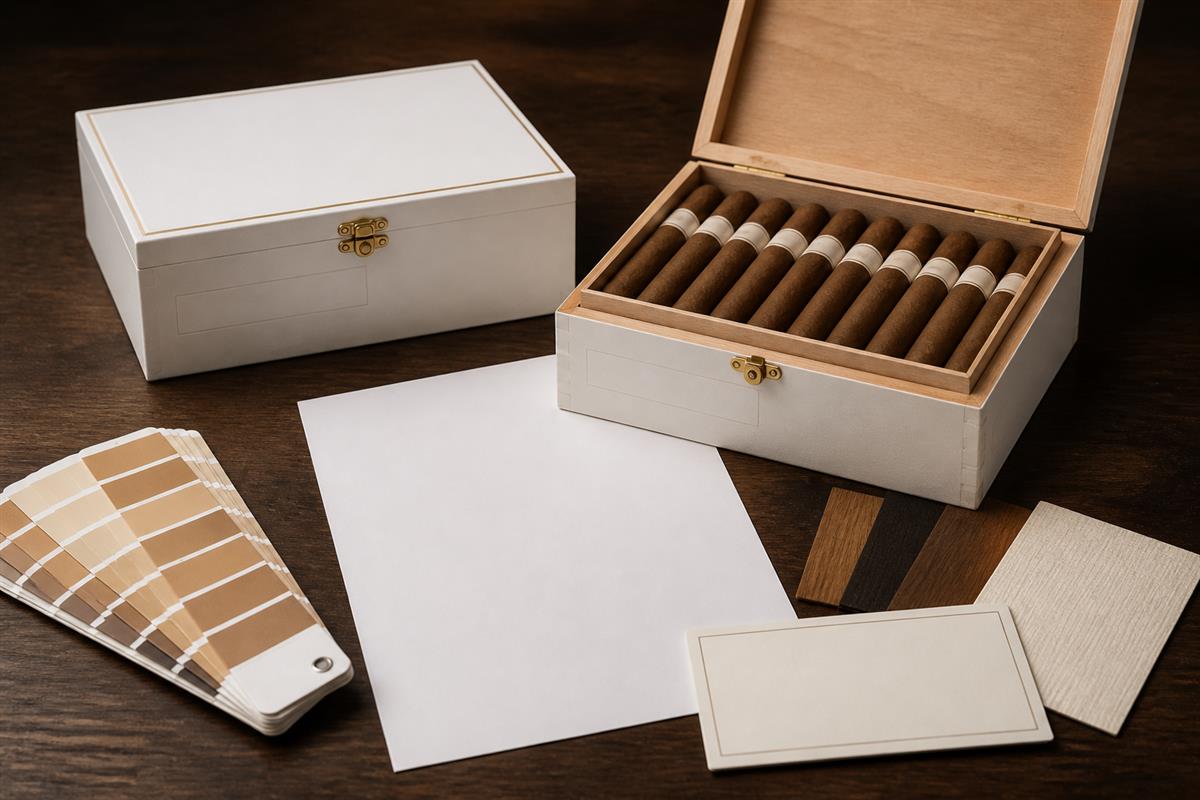 Packaging planner reviewing an unbranded cigar box with product and channel notes