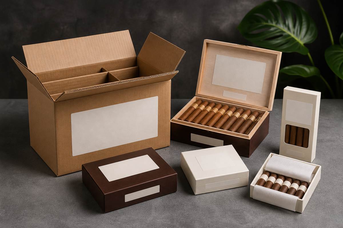 Unbranded cigar packaging brief, sample box, and production-planning checklist arranged on a table