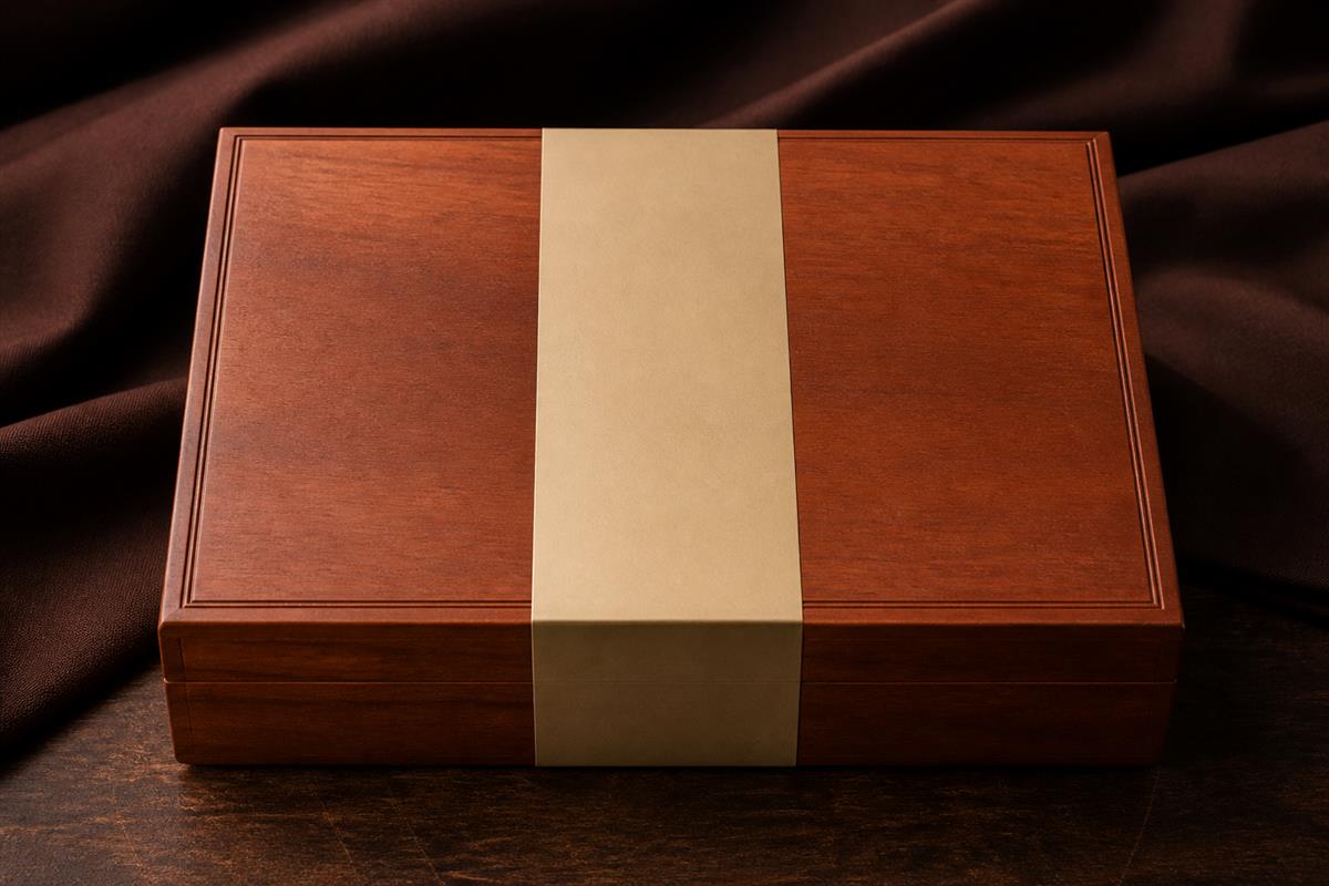 Unbranded cigar box exterior mock-up with layered visual hierarchy markers