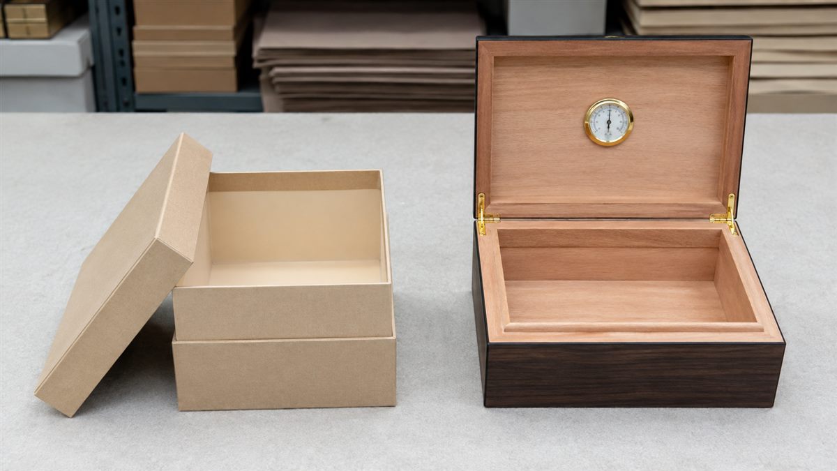 Paper presentation box and wood-lined humidor compared at sample review
