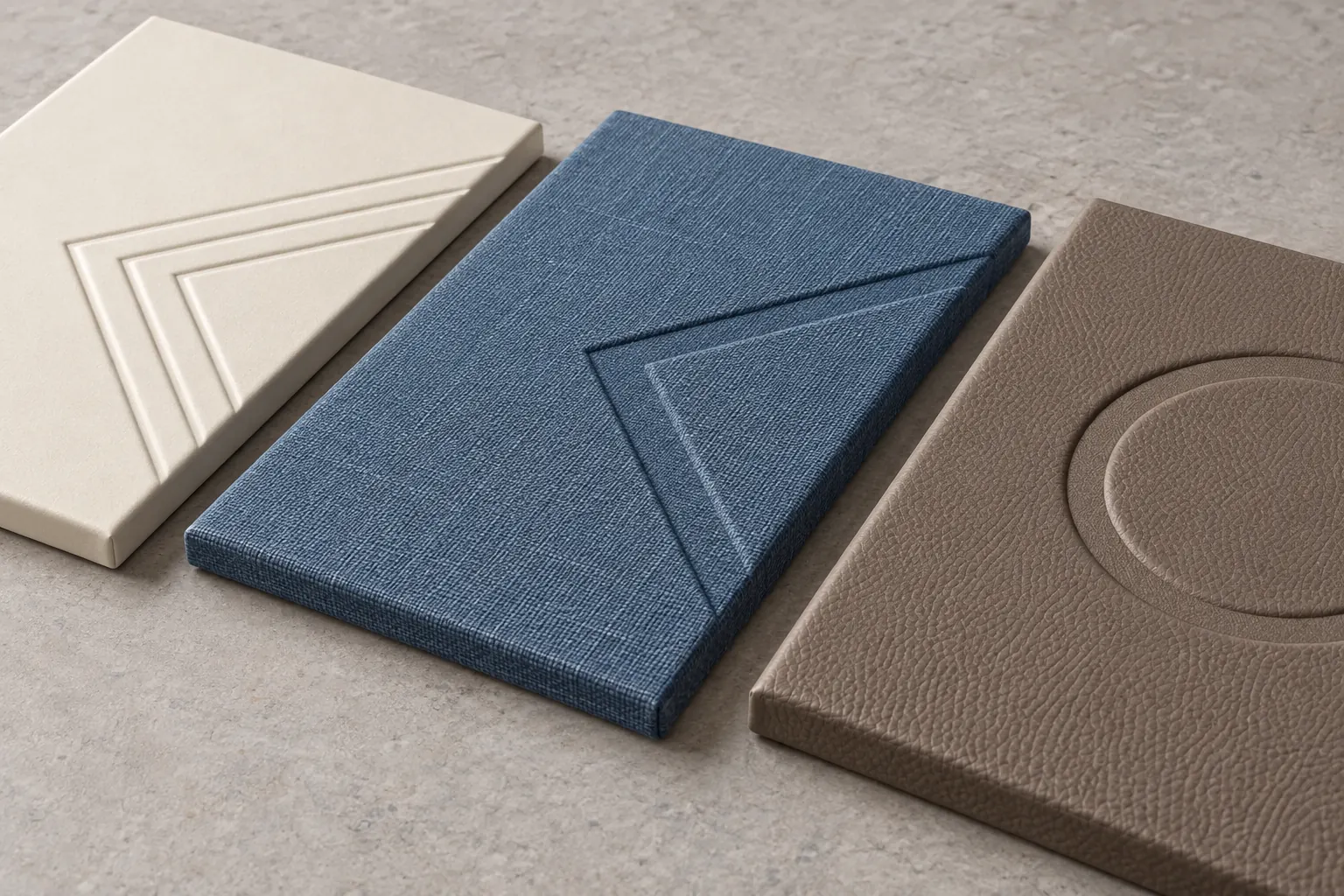 Relief samples on smooth paperboard, woven book cloth, and grained leather-like material