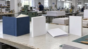 Casebound, perfect-bound, saddle-stitched, and Wire-O book samples on a bindery inspection table