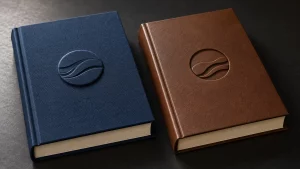 Raised relief on a blue book-cloth cover beside recessed relief on a brown leather-like Bible cover