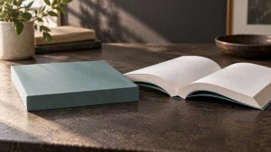 Closed square-spine teal paperback beside an open softcover book