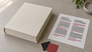Blank ivory Bible beside a proof sheet with abstract red and black line marks
