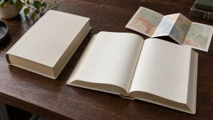 Thick blank hardcover book beside an open note-layout sample and abstract insert