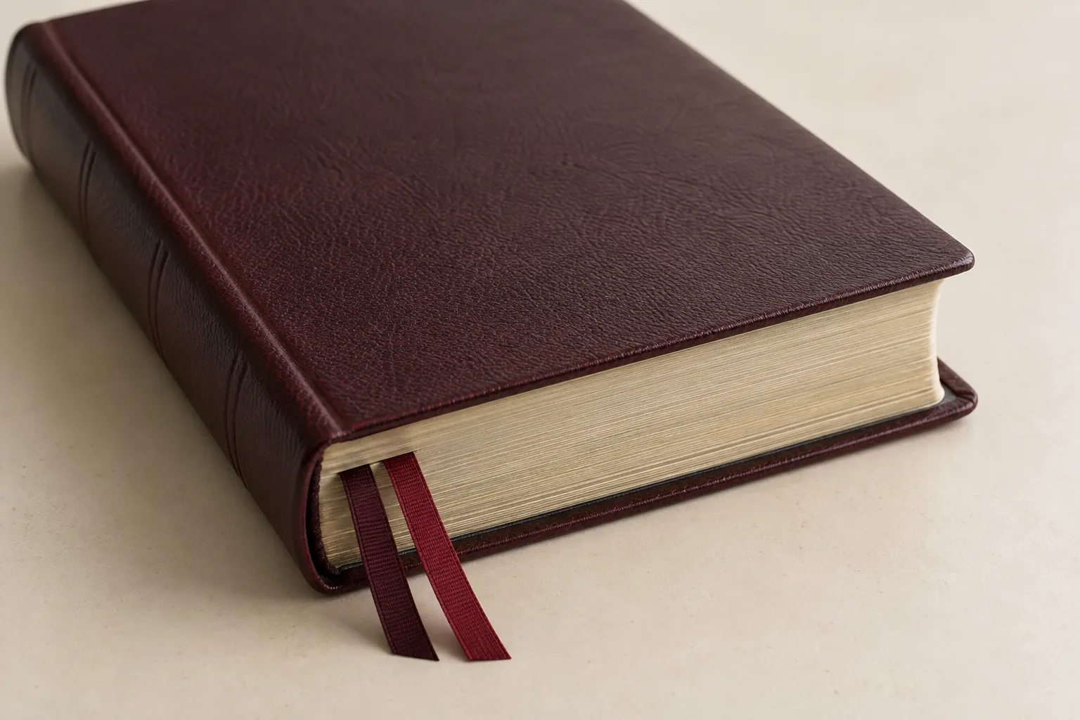 Closed burgundy Bible dummy showing cover overhang, page block and ribbons