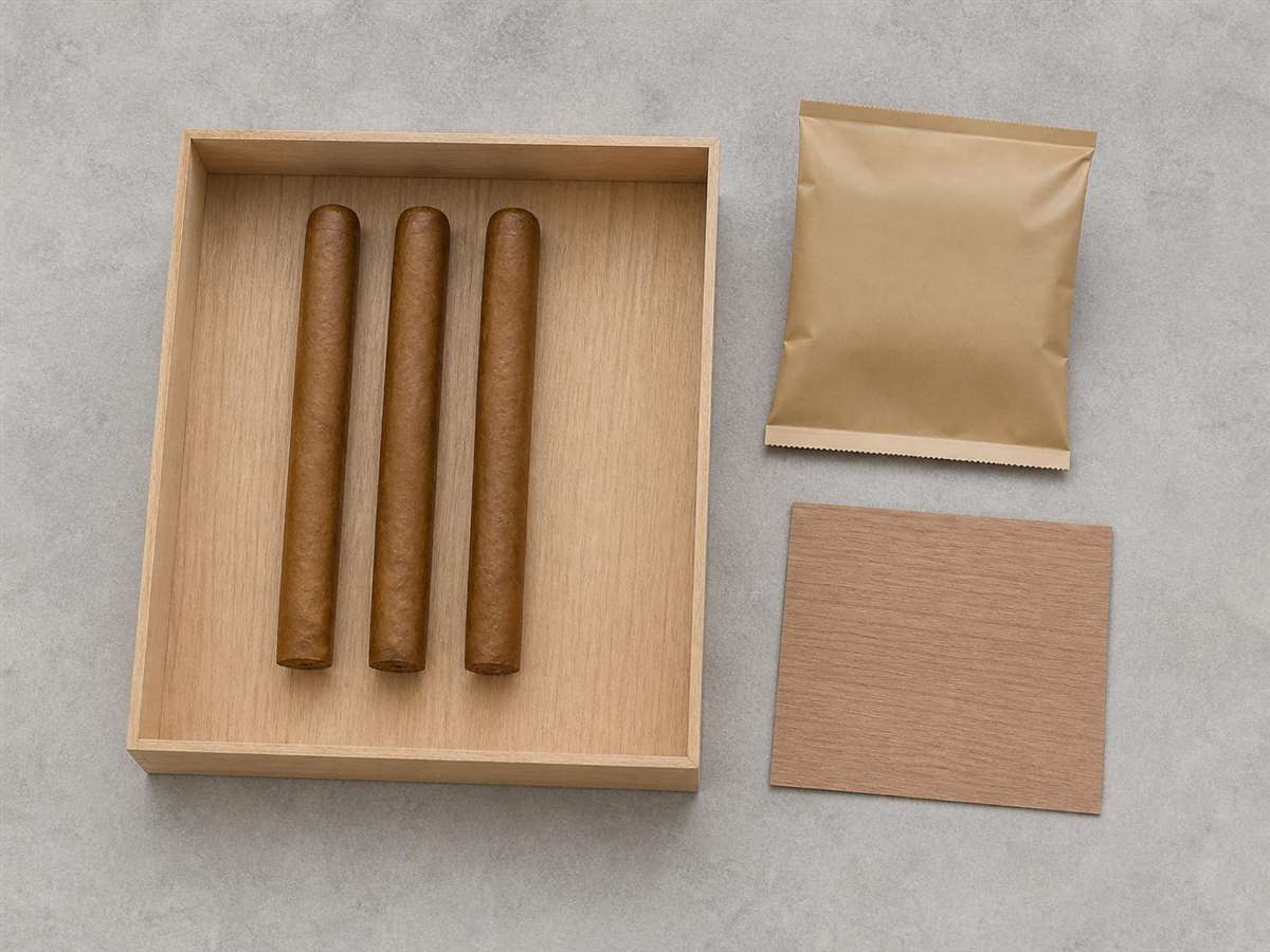 Cigar humidor box components: cigars, wood lining and a humidity-control packet