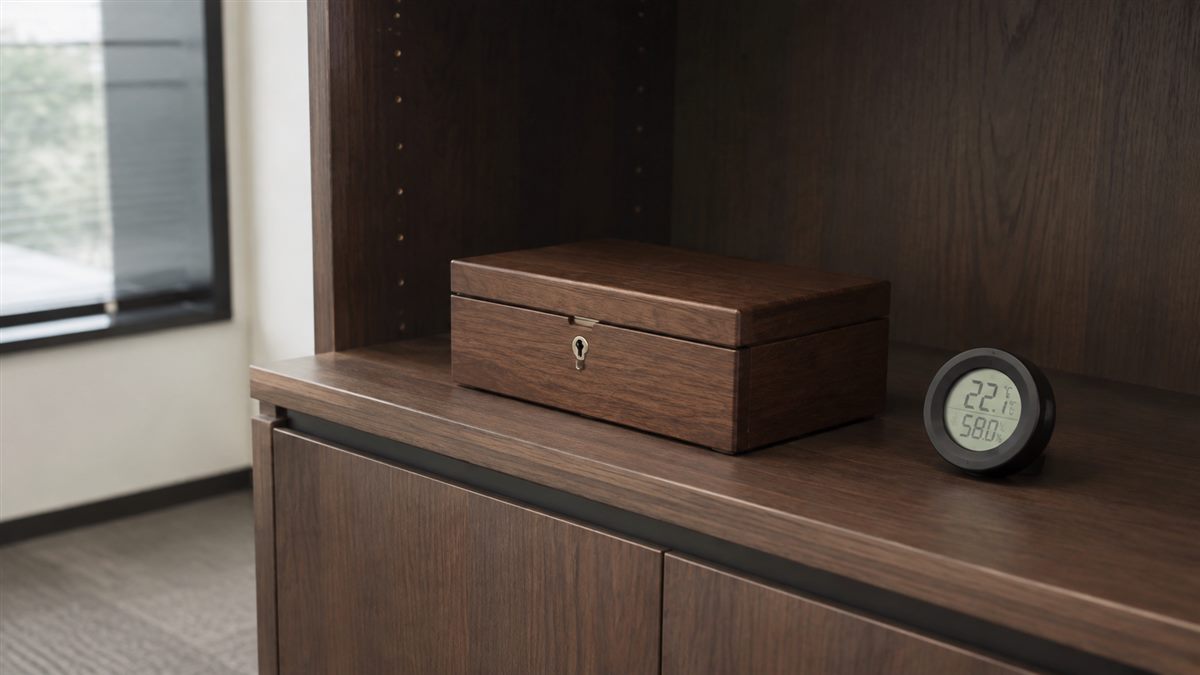 Desktop humidor on a shaded shelf beside a room thermometer
