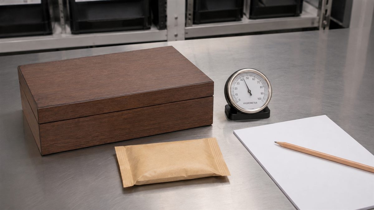 Humidor, hygrometer and humidity packet arranged for inspection