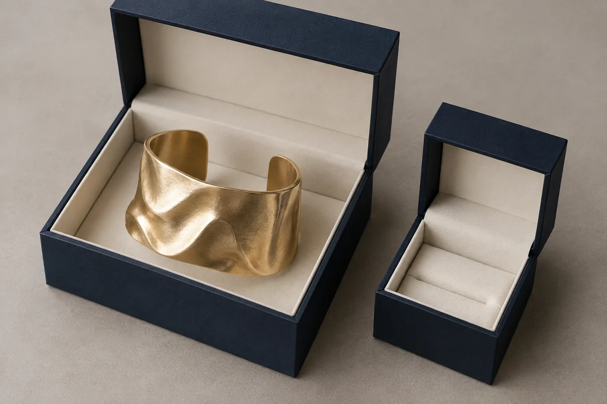 Wide cuff in a larger box beside a smaller empty presentation box