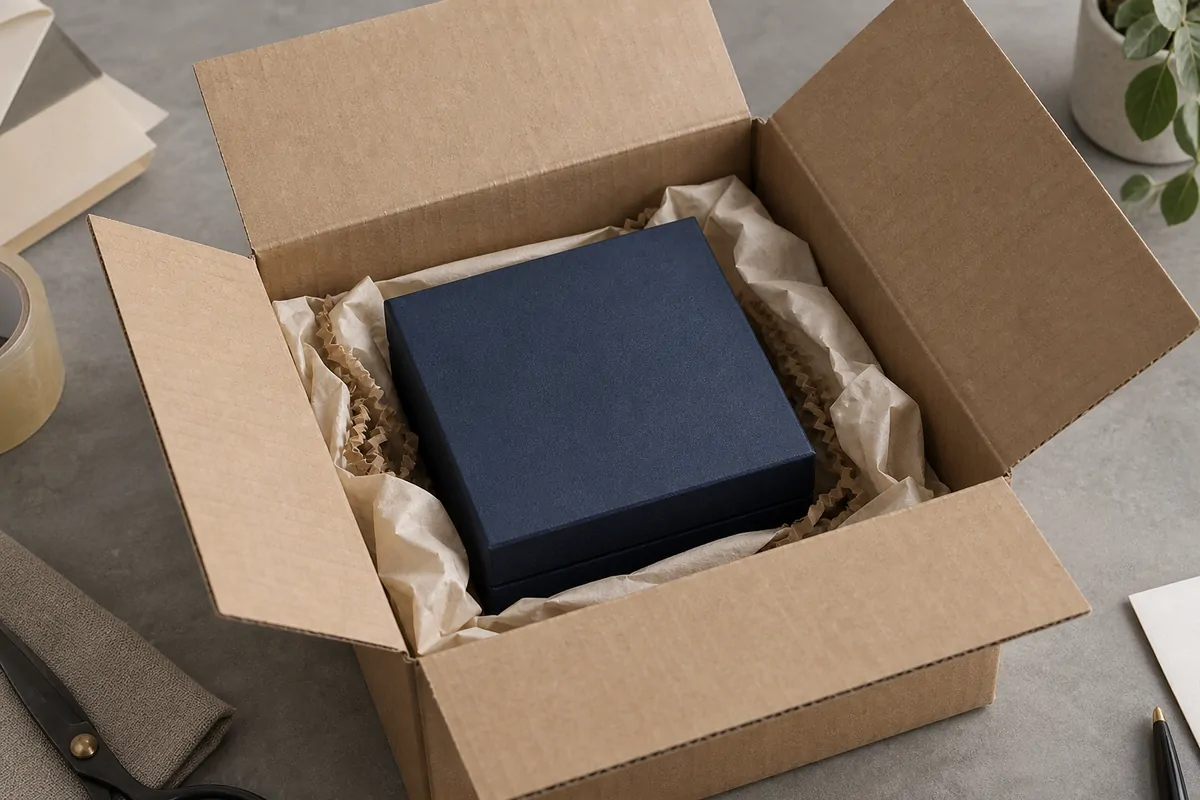 Navy gift box inside a corrugated carton with paper cushioning
