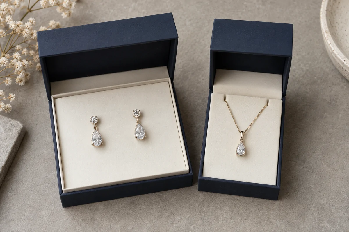 Separate presentation boxes holding drop earrings and a pendant