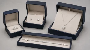 Navy jewelry boxes for a ring, earrings, bracelet, and necklace