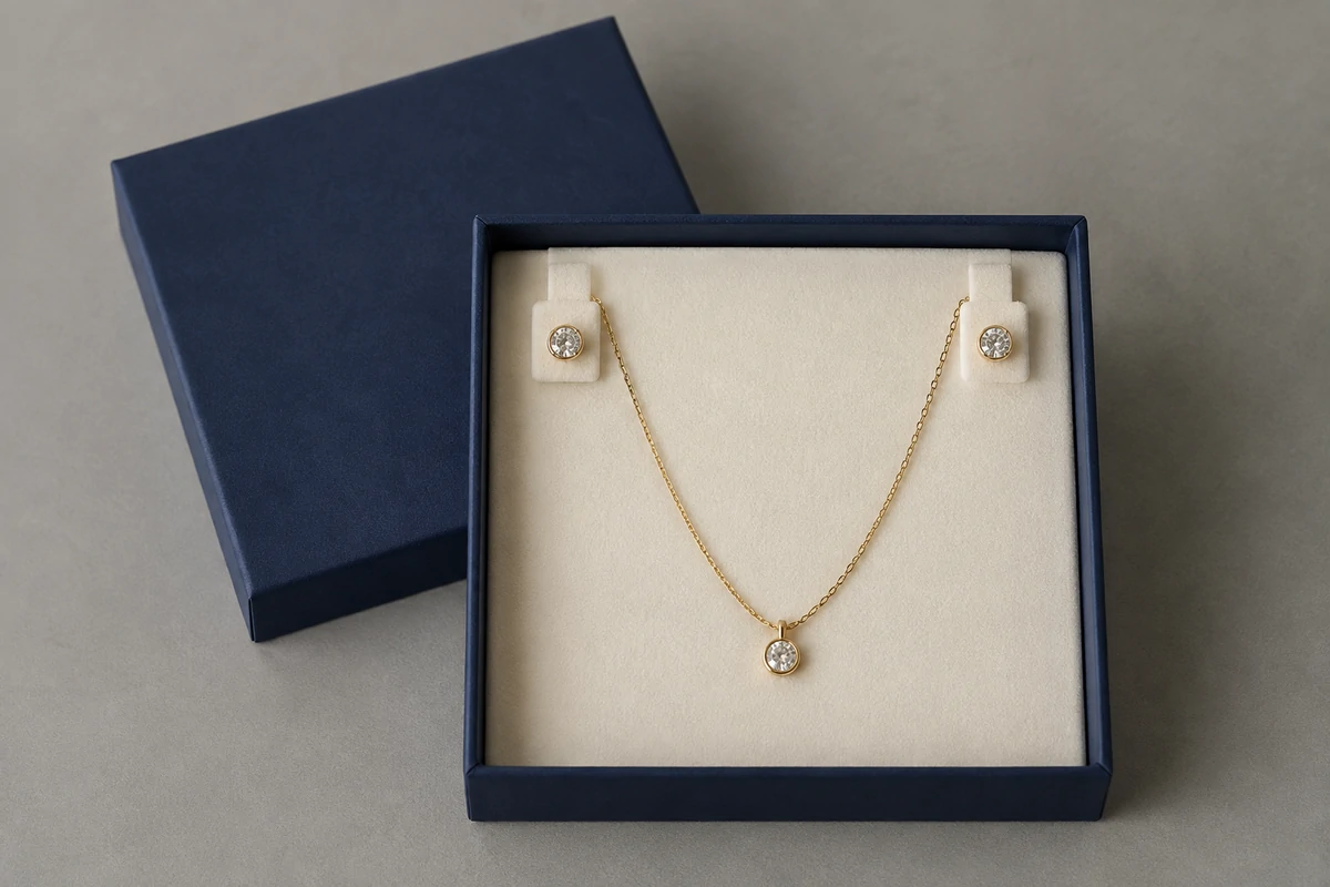 Necklace and earrings arranged separately on an ivory display pad