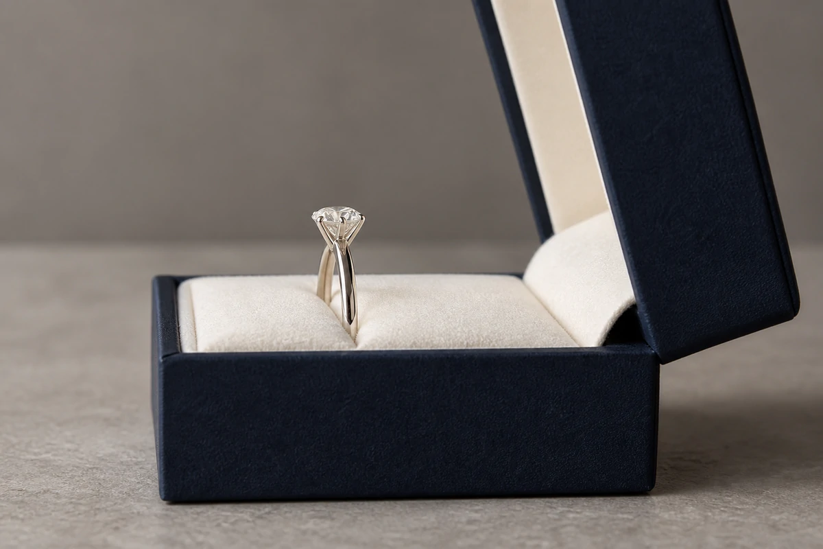 Ring setting rising above an ivory insert in an open box