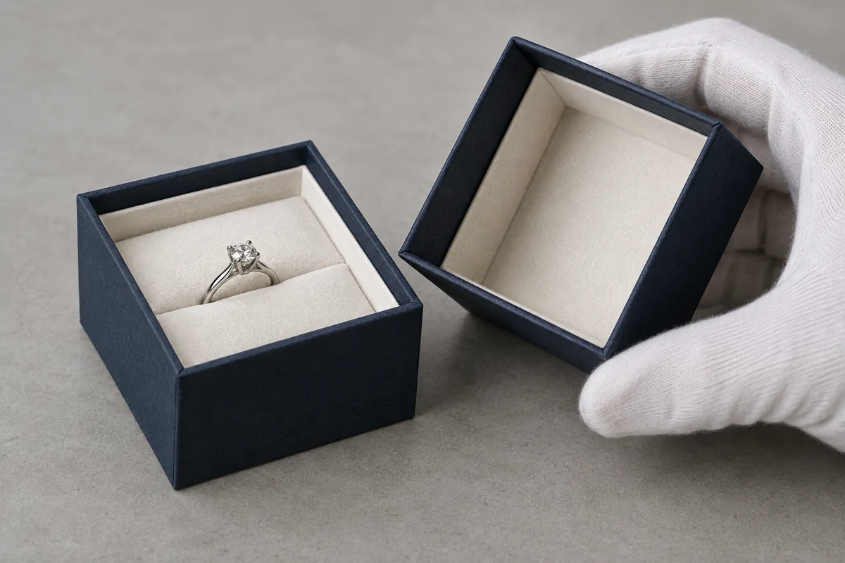 Gloved hand inspecting a removable lid beside a loaded ring box