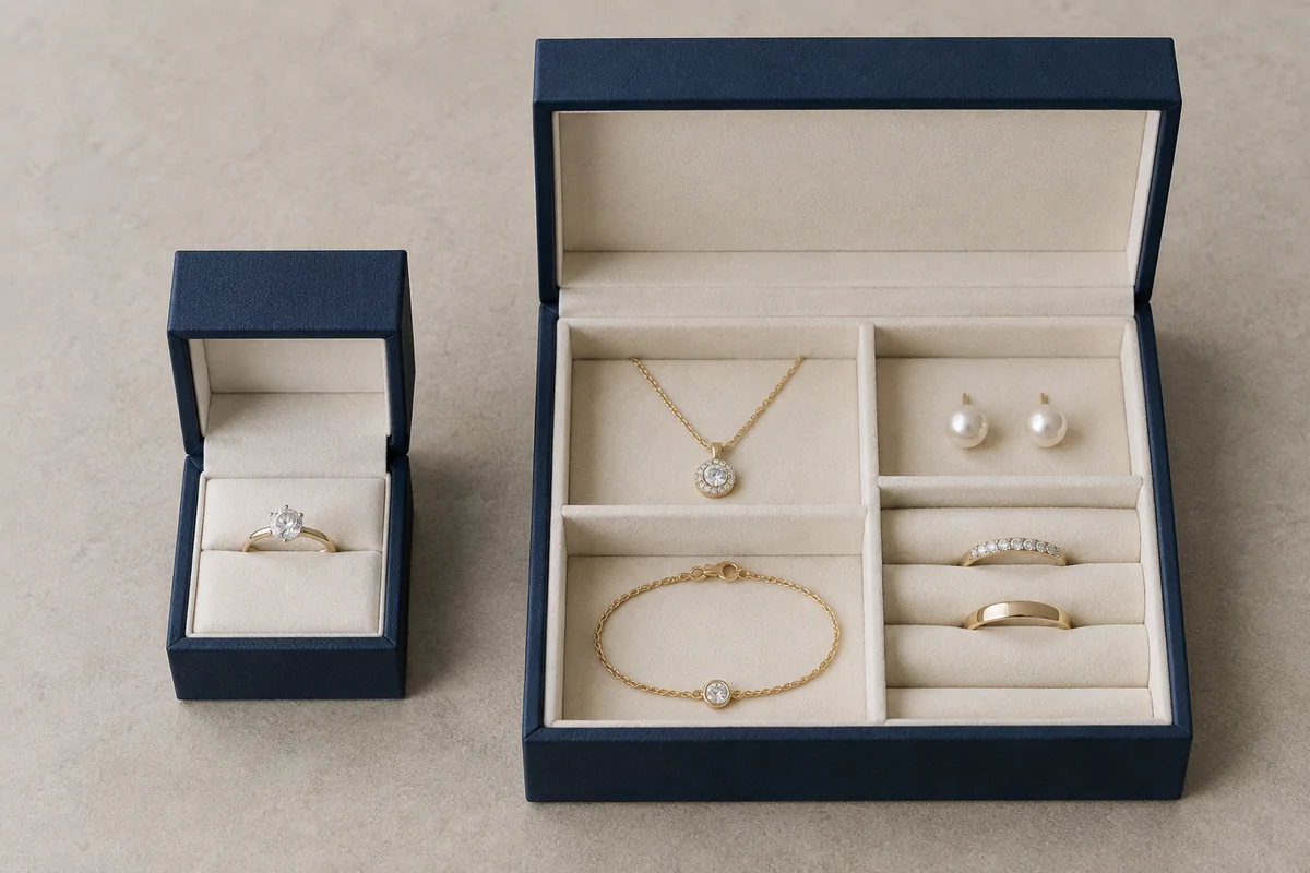 Compact ring box beside a larger compartmented jewelry storage case