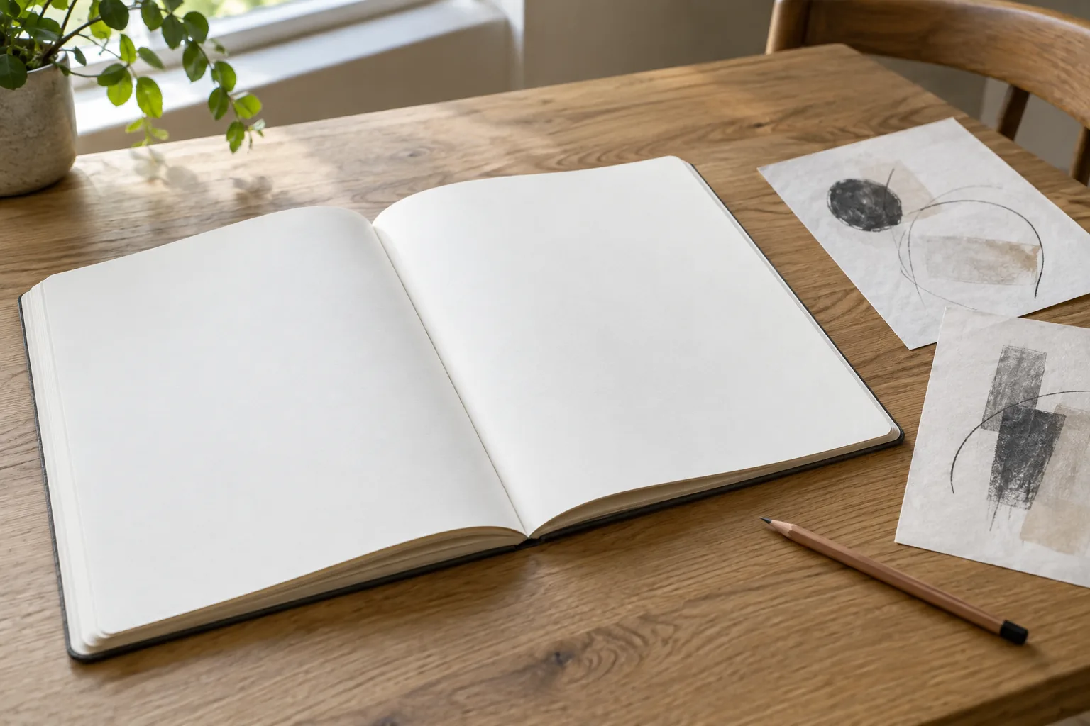 Large blank notebook open on a desk beside abstract sketches