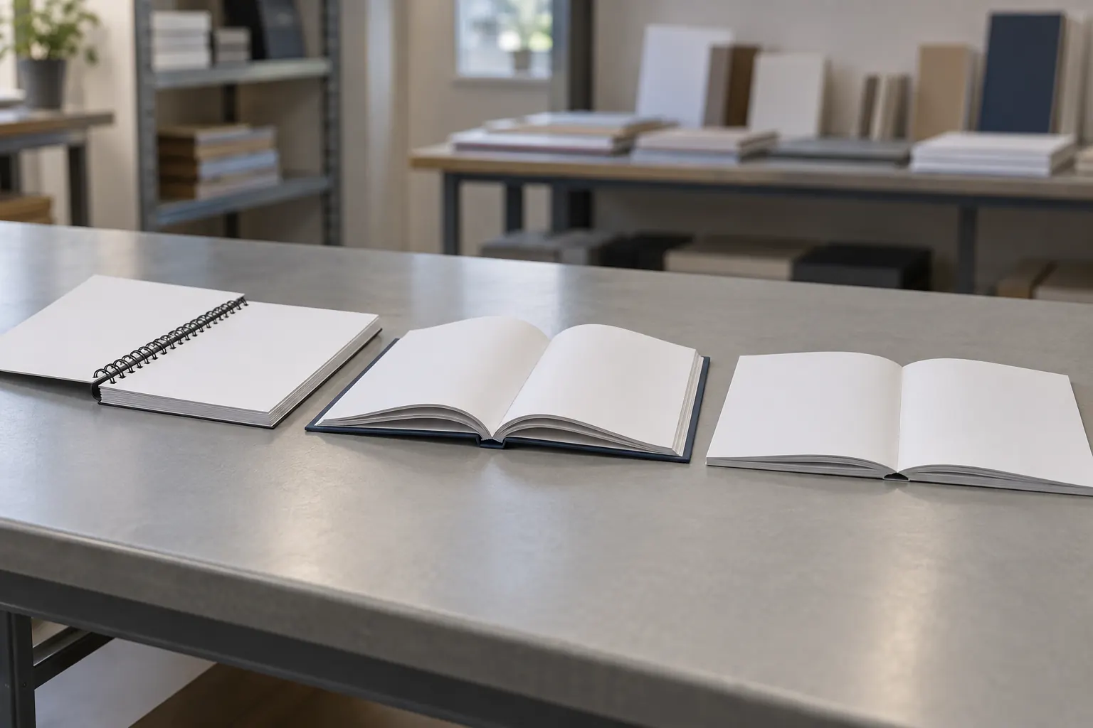 Wire-O, section-sewn, and floating-spine books showing different opening behavior