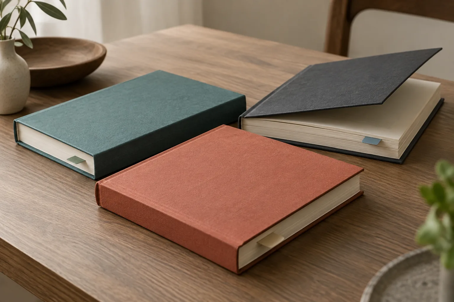 Three matching book editions with distinct plain cover colors