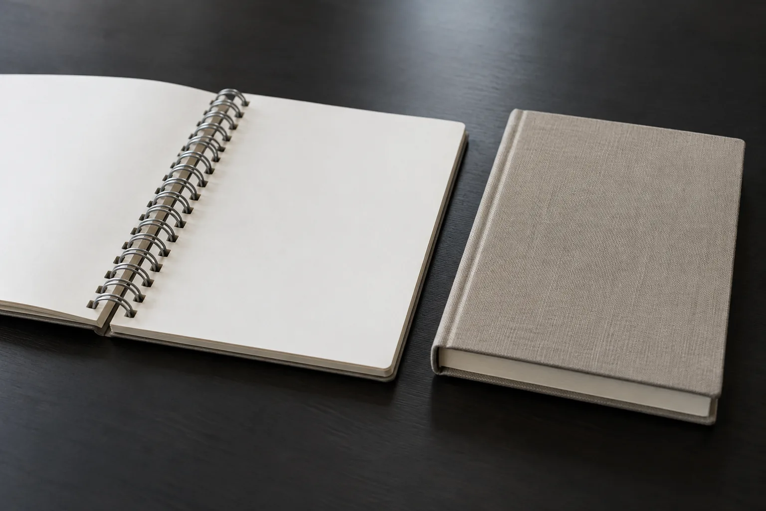 Open Wire-O notebook beside a closed cloth-covered notebook