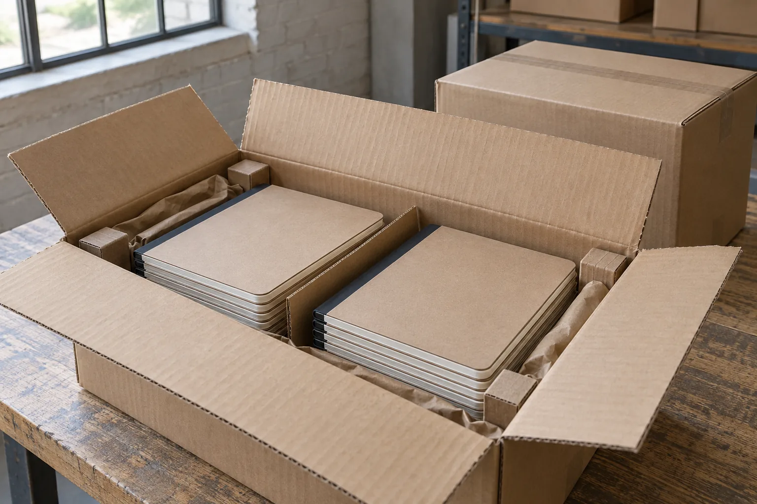 Bundles of plain notebooks separated and padded inside an open carton