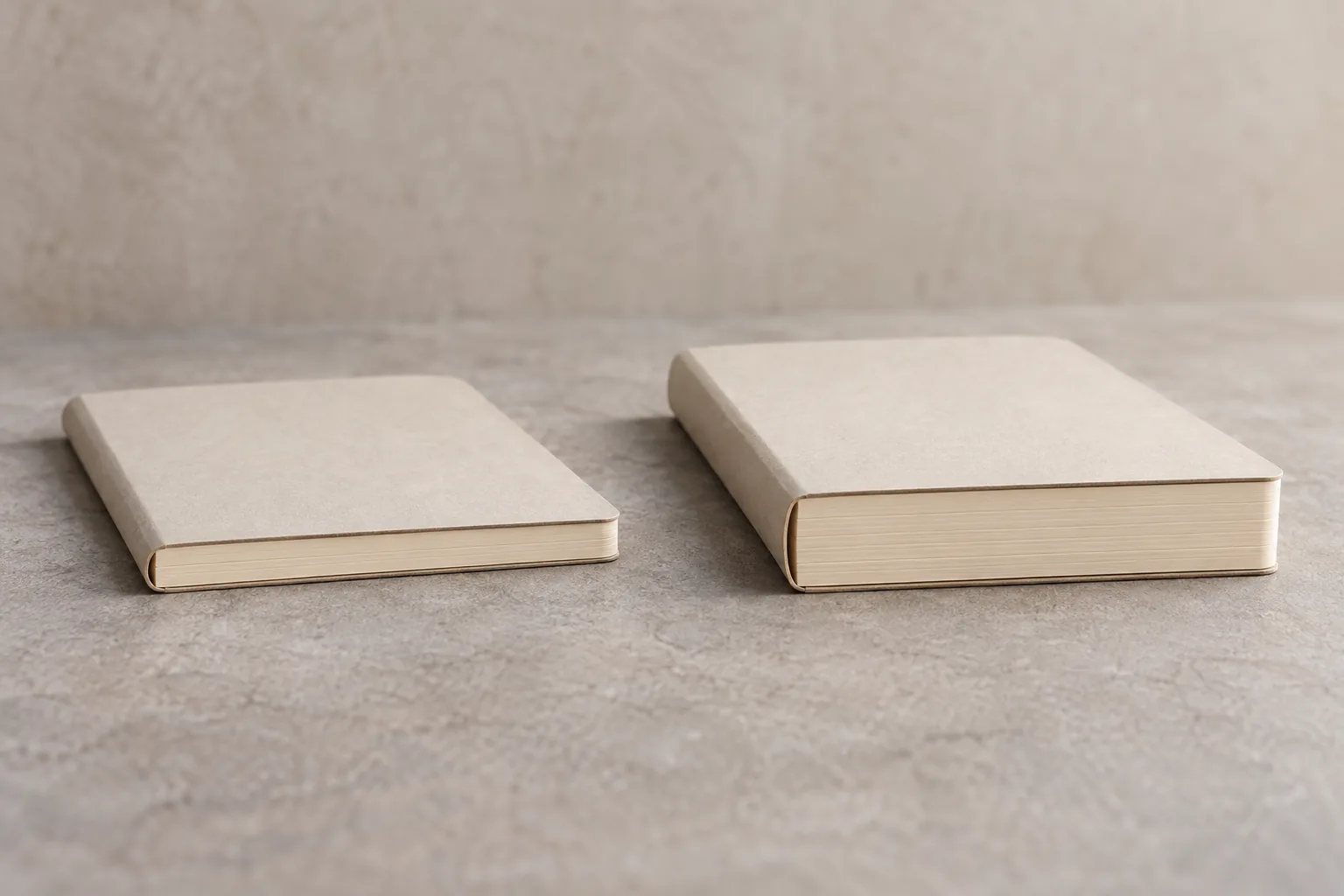 Two cream notebooks with visibly different page-block thicknesses