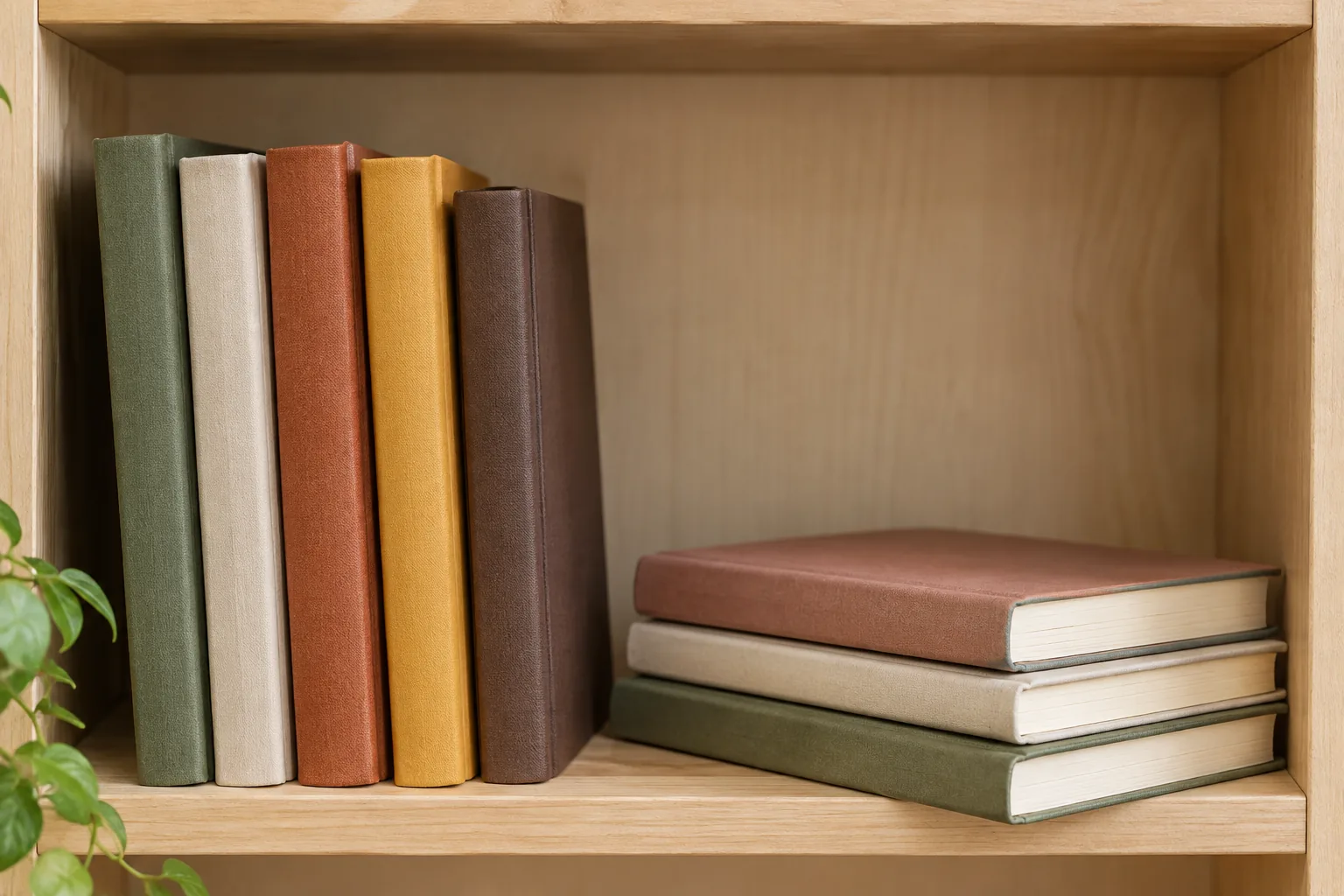 Upright and stacked unbranded notebooks arranged in a wooden shelf