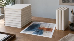 Groups of blank hardback books beside an abstract printed proof sheet