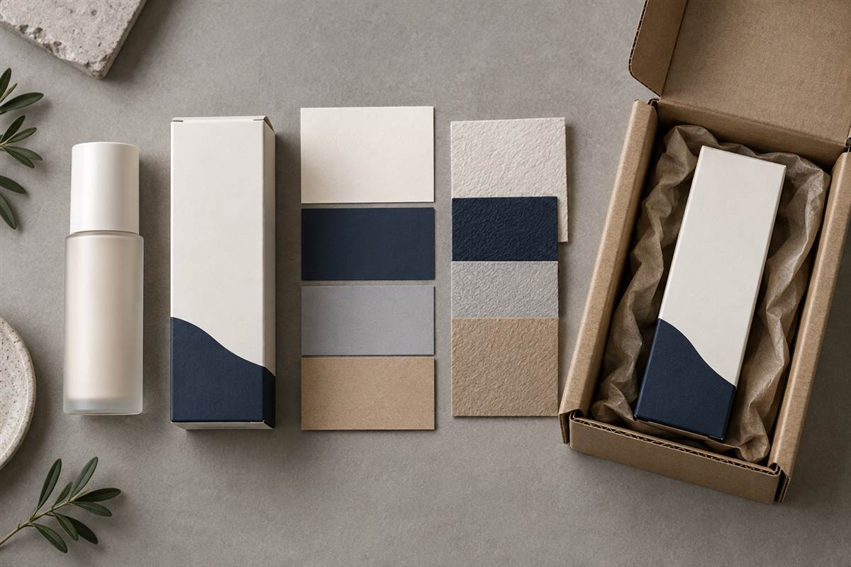 Cosmetic bottle, carton, paper swatches and a packed shipping box