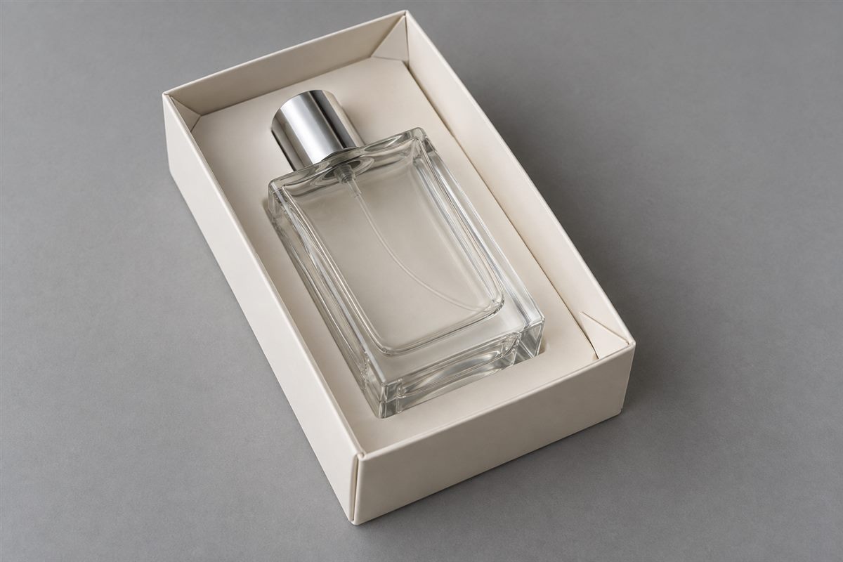 Perfume bottle fitted into a folded paperboard tray